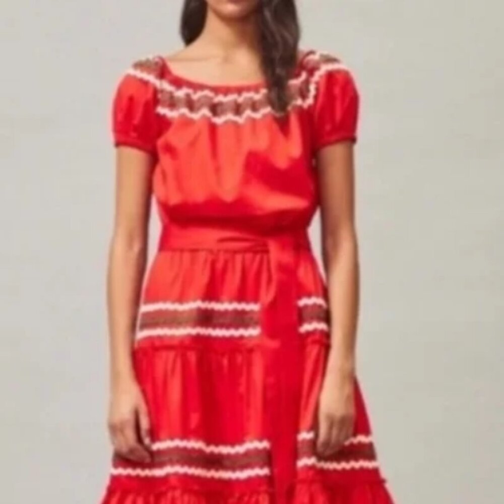 Tory Burch Embroidered Peasant Midi Dress Rickrack Trim Red Green White S, M$485 - Picture 6 of 9